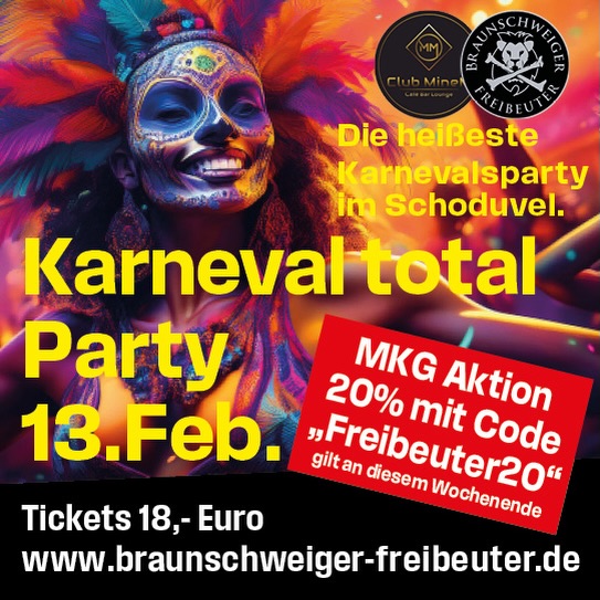 Die schönste Karnevals-Party zum Start in das Schoduvel Wochenende. 🥳 Eintritt nur im Kostüm. 🧛♂️🦹🦸♂️🏴☠️Mit dem Rabatt Code Freibeuter20 jetzt online 20% sparen. Abendkasse 18,- Euro. #schoduvel #karneval #braunschweigerfreibeuter #brunswiekhelau